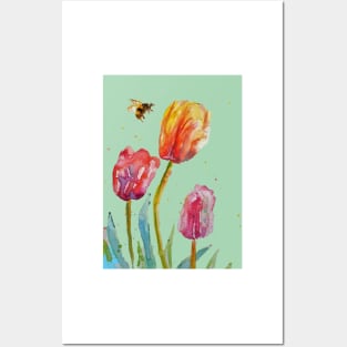 Tulip Flower Watercolor on Light Green Posters and Art